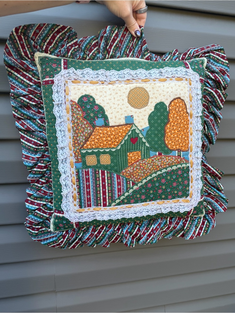 Handmade Green & Orange 90’s Cottage Appliqué Decorative Ruffle Pillow